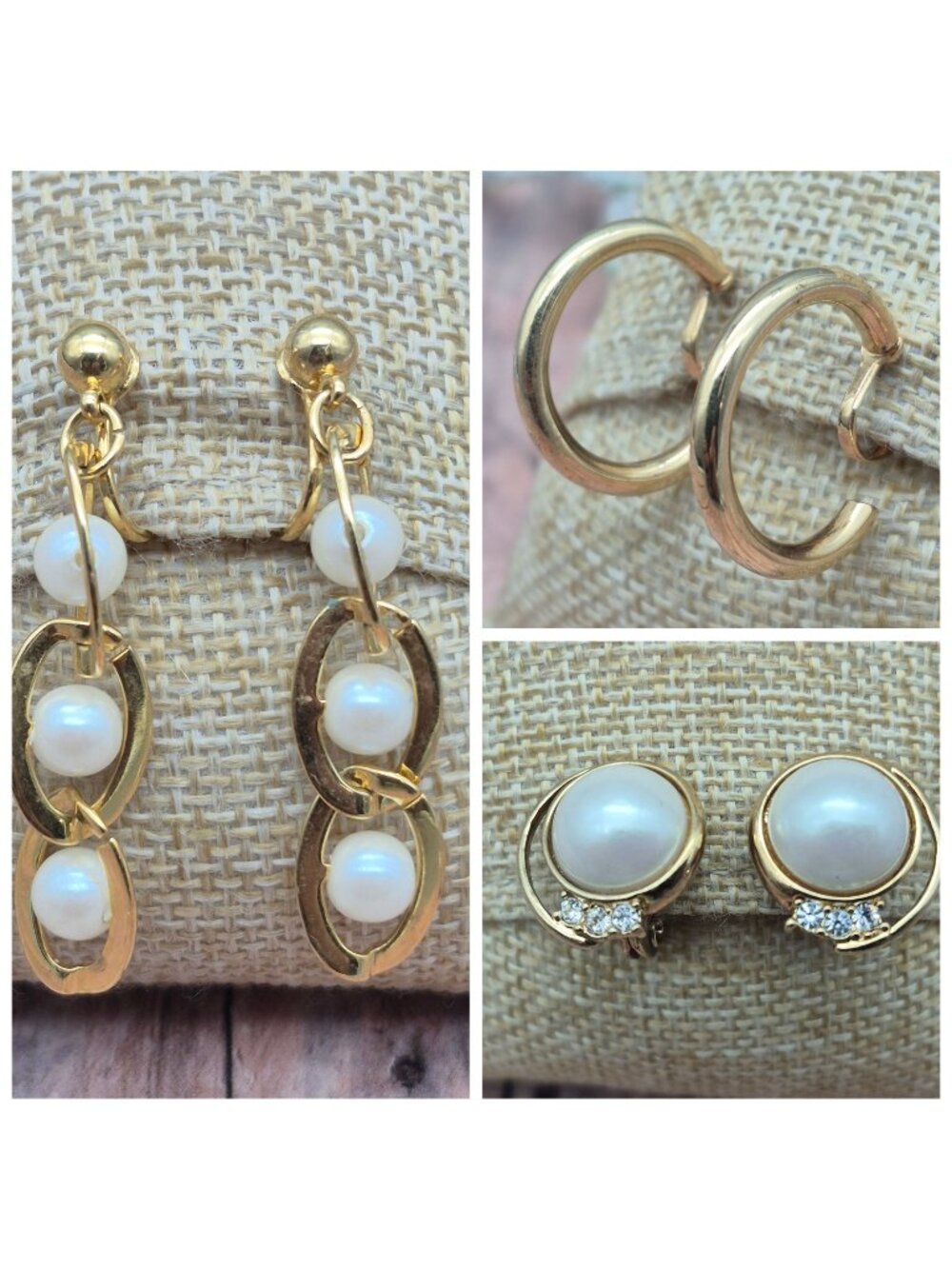 Vintage Lot of 3 Clip On Earrings Gold Tone & Faux Pearls Dangle Chains Hoops
